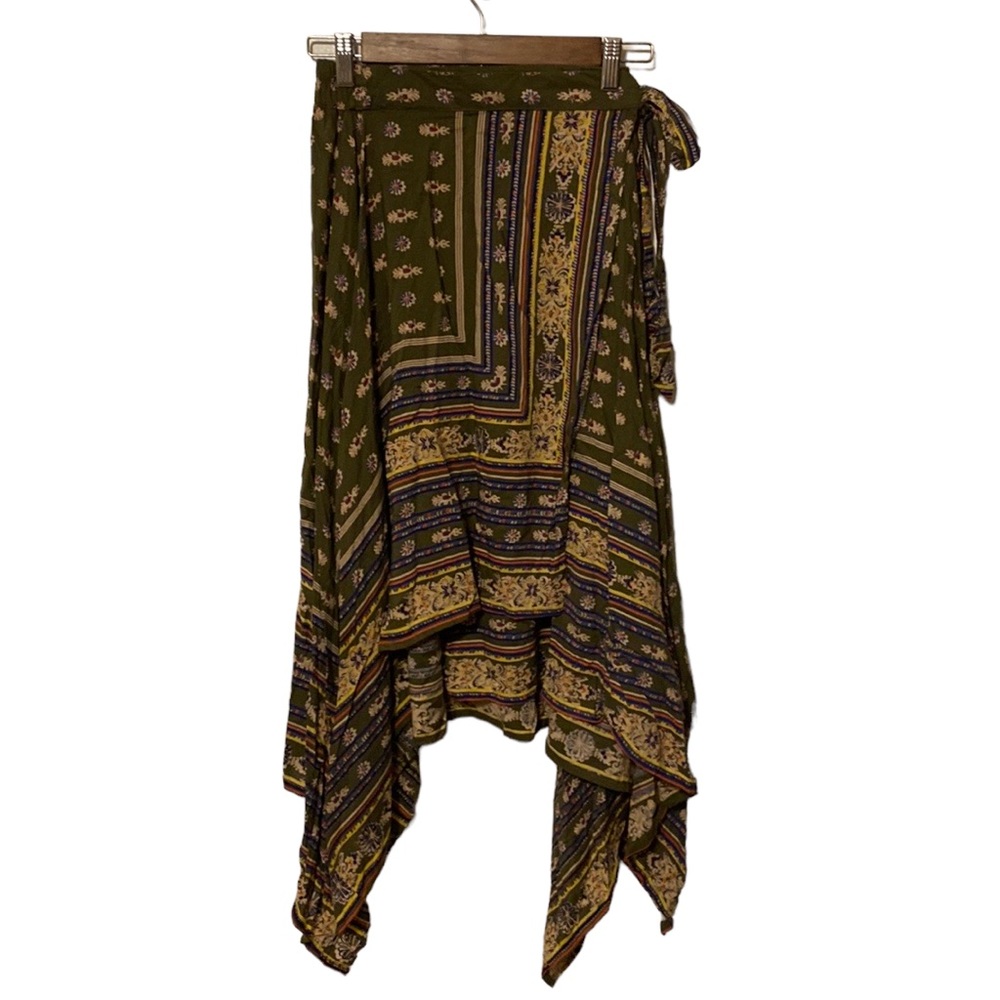 Angie Olive Green and Mustard Asymmetrical Wrap Skirt